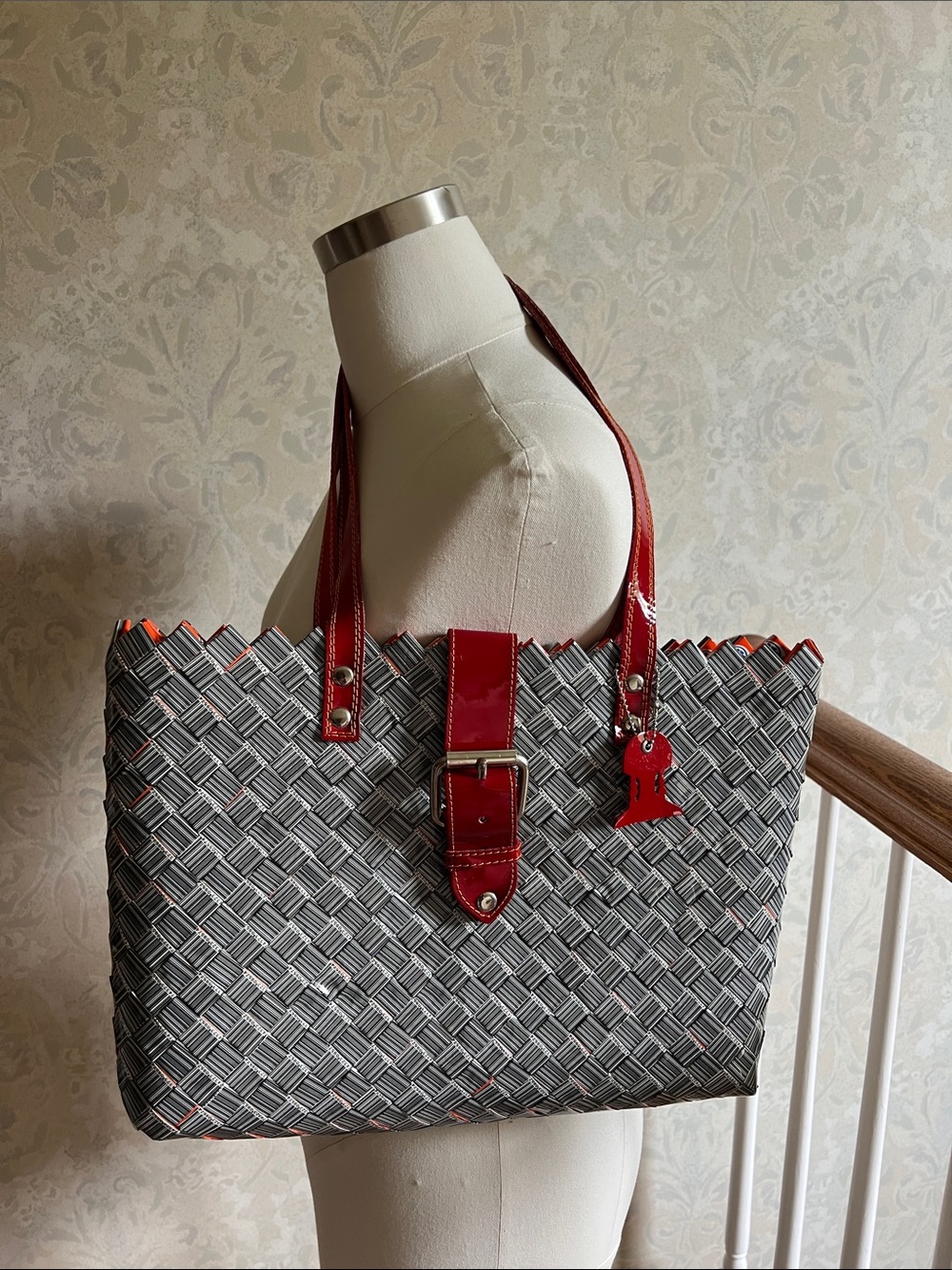 Nahui Ollin Barcode Woven Pattern Tote Bag with Red Leather Trim